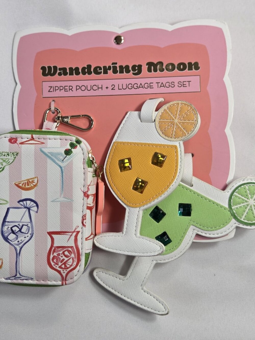 Wandering Moon Cocktail Zipper Pouch Luggage Tags 3 PC Travel Set Martini NWT